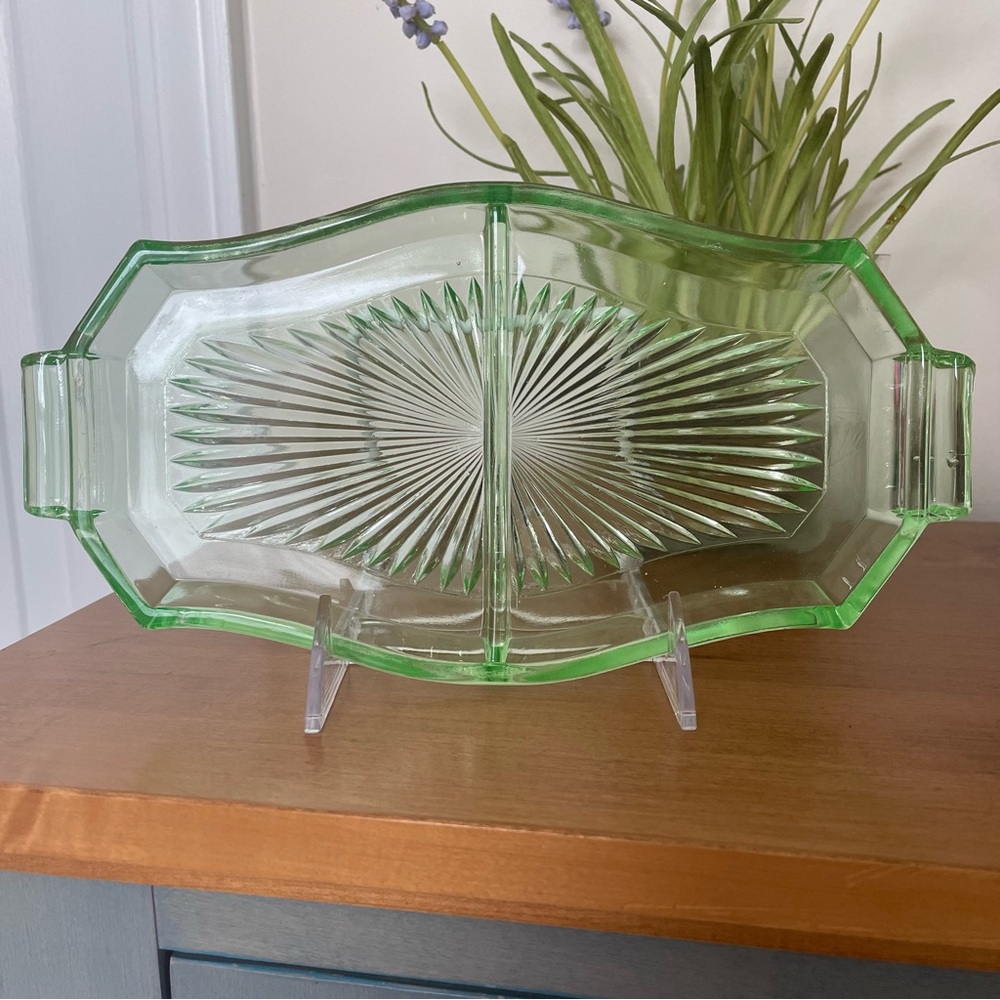 Vintage Tiffin art deco uranium glass relish dish